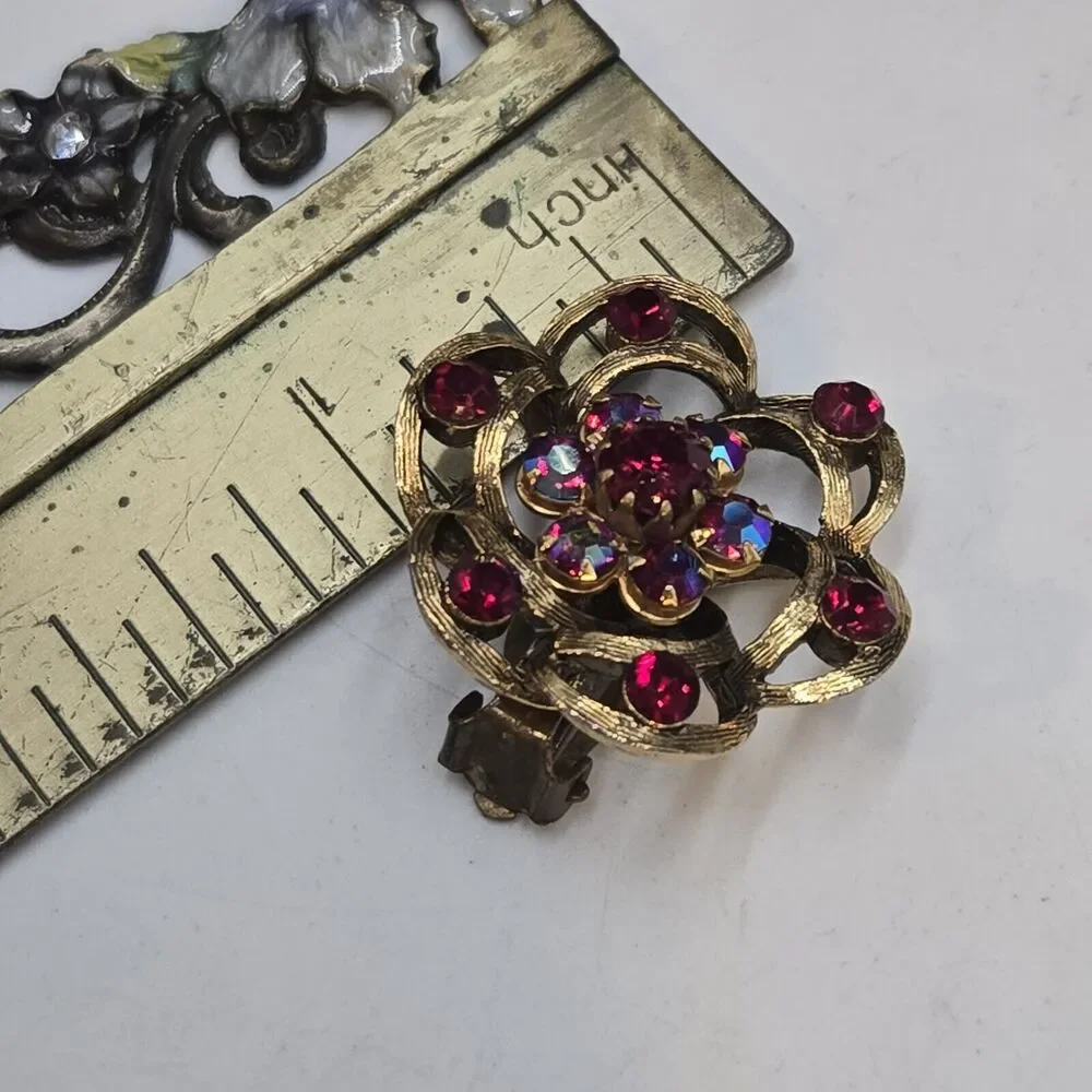 Vintage Selro And Selini Signed Red AB Rhinestone Flower Spiral Clip Earrings